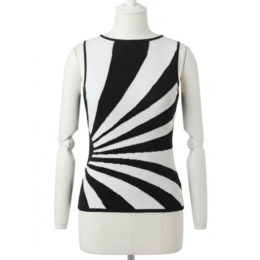 Vintage 90s Graphic Knit Tank Top M Black White Sunburst Mod Maximalist Retro